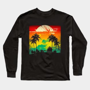 Retro Paradise: Vintage Tropical Sunset and Palms Long Sleeve T-Shirt